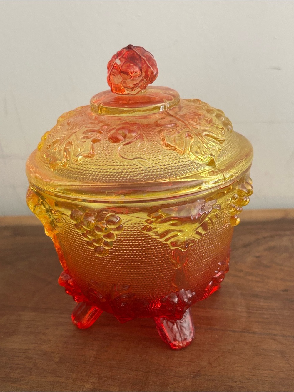 Vintage Jeannette Amberina Glass Grape Footed Candy Jar Dish w/Lid Red Yellow